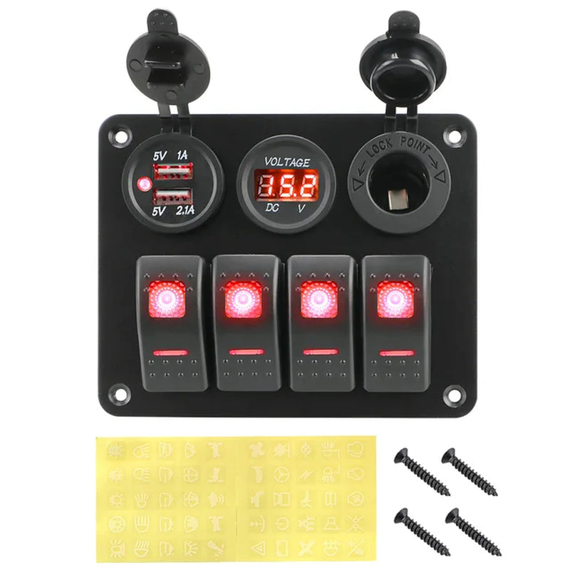4 Buttons Rocker Switch Panel Voltmeter USB Chargers 3.0 Light Toggle 12V 24V Accessories for Boat Marine Car RV Camper Caravans